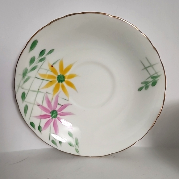 Delphine Tea cup and saucer England Fine bone china Pink & yellow flowers green - Picture 2 of 7